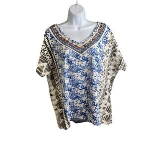 Chico’s Paisley Patchwork Top Size 3 XL Boho Art To Wear Statement Beading